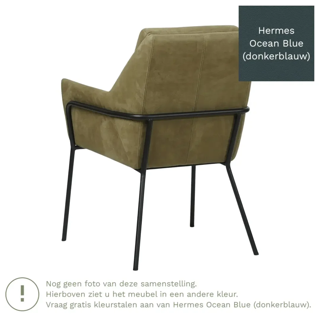 afbeelding van Leren eetkamerstoel Mix - Hermes Ocean Blue (donkerblauw) - Poten staal rond zwart