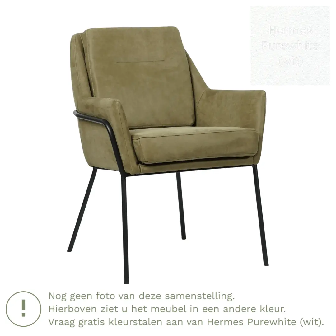 afbeelding van Leren eetkamerstoel Mix - Hermes Purewhite (wit) - Poten staal rond zwart