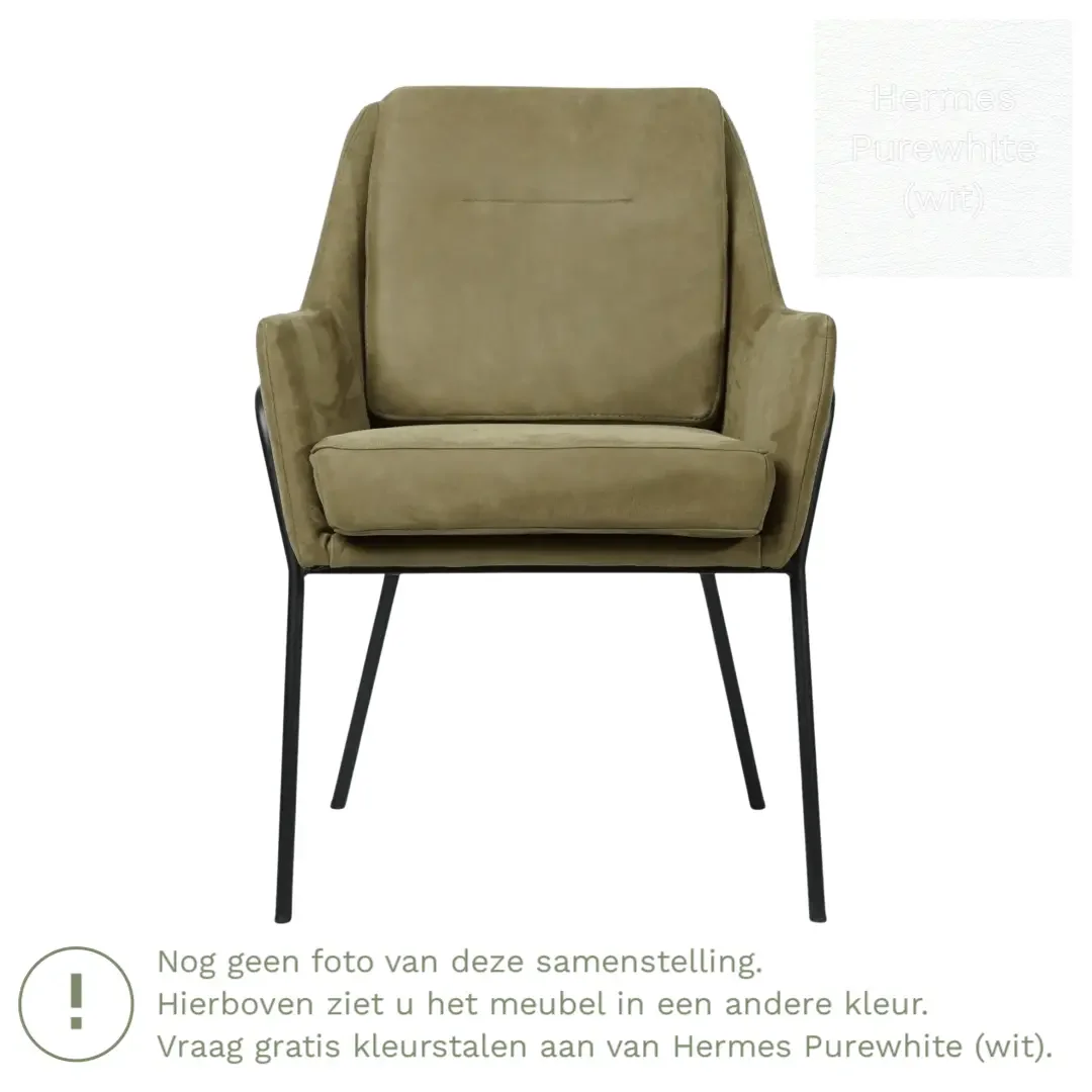 afbeelding van Leren eetkamerstoel Mix - Hermes Purewhite (wit) - Poten staal rond zwart