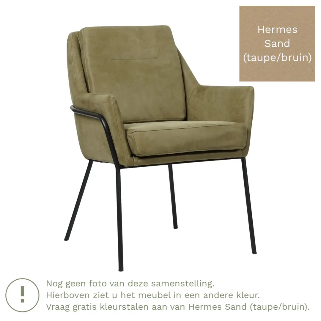 afbeelding van Leren eetkamerstoel Mix - Hermes Sand (taupe/bruin) - Poten staal rond zwart