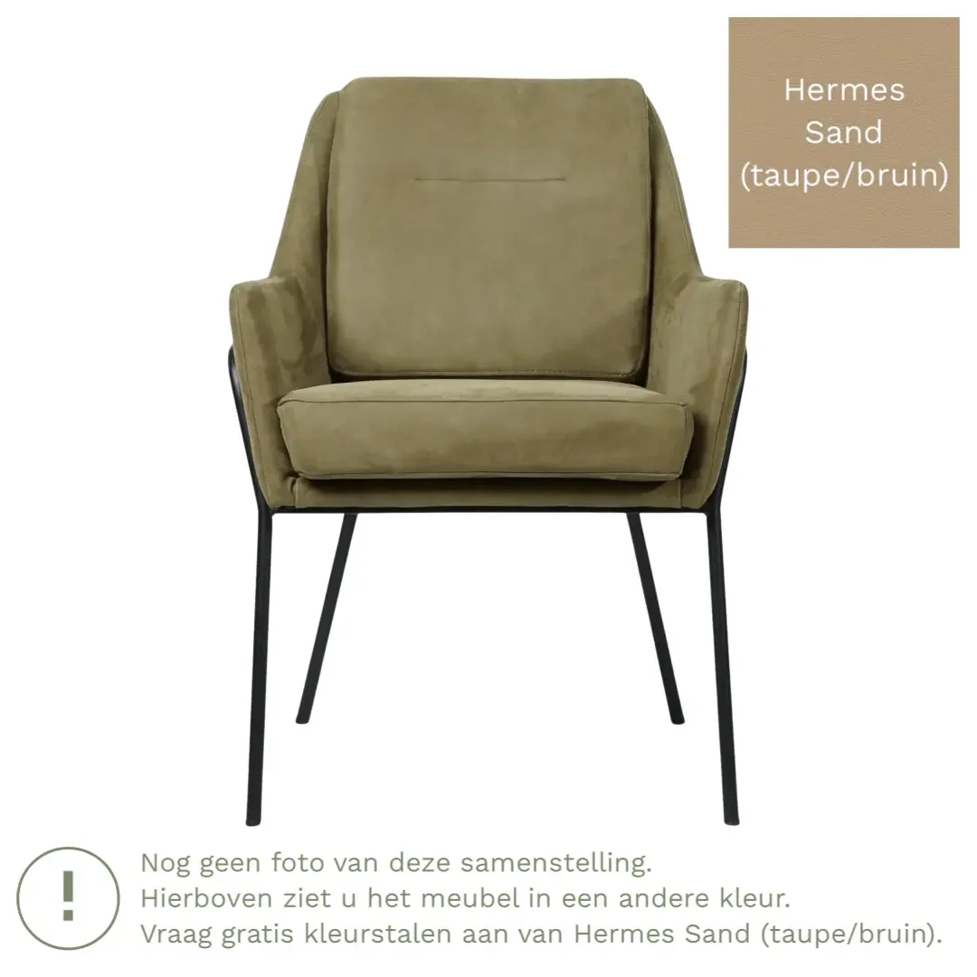 afbeelding van Leren eetkamerstoel Mix - Hermes Sand (taupe/bruin) - Poten staal rond zwart