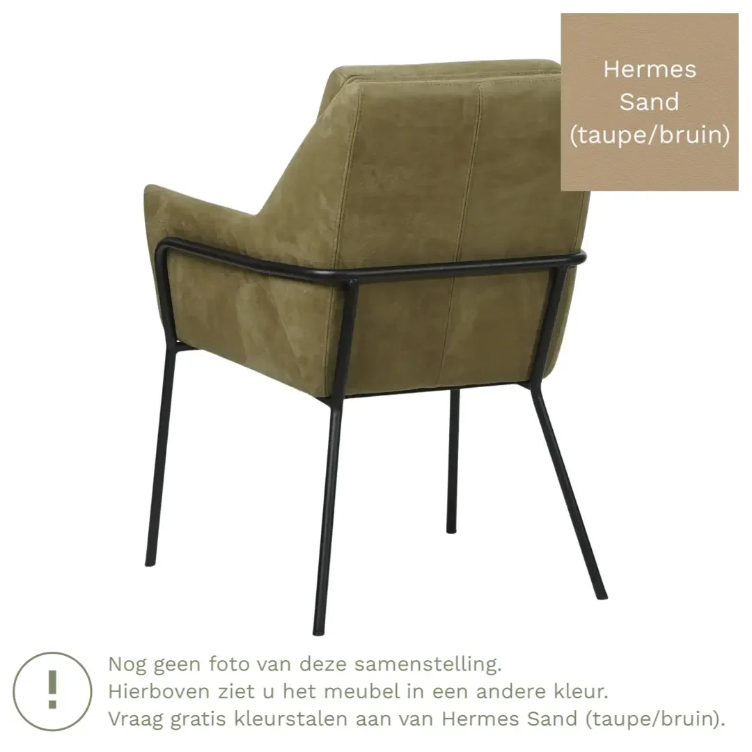 afbeelding van Leren eetkamerstoel Mix - Hermes Sand (taupe/bruin) - Poten staal rond zwart