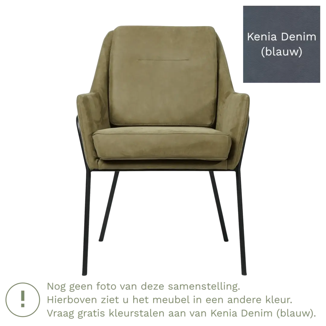 afbeelding van Leren eetkamerstoel Mix - Kenia Denim (blauw) - Poten staal rond zwart