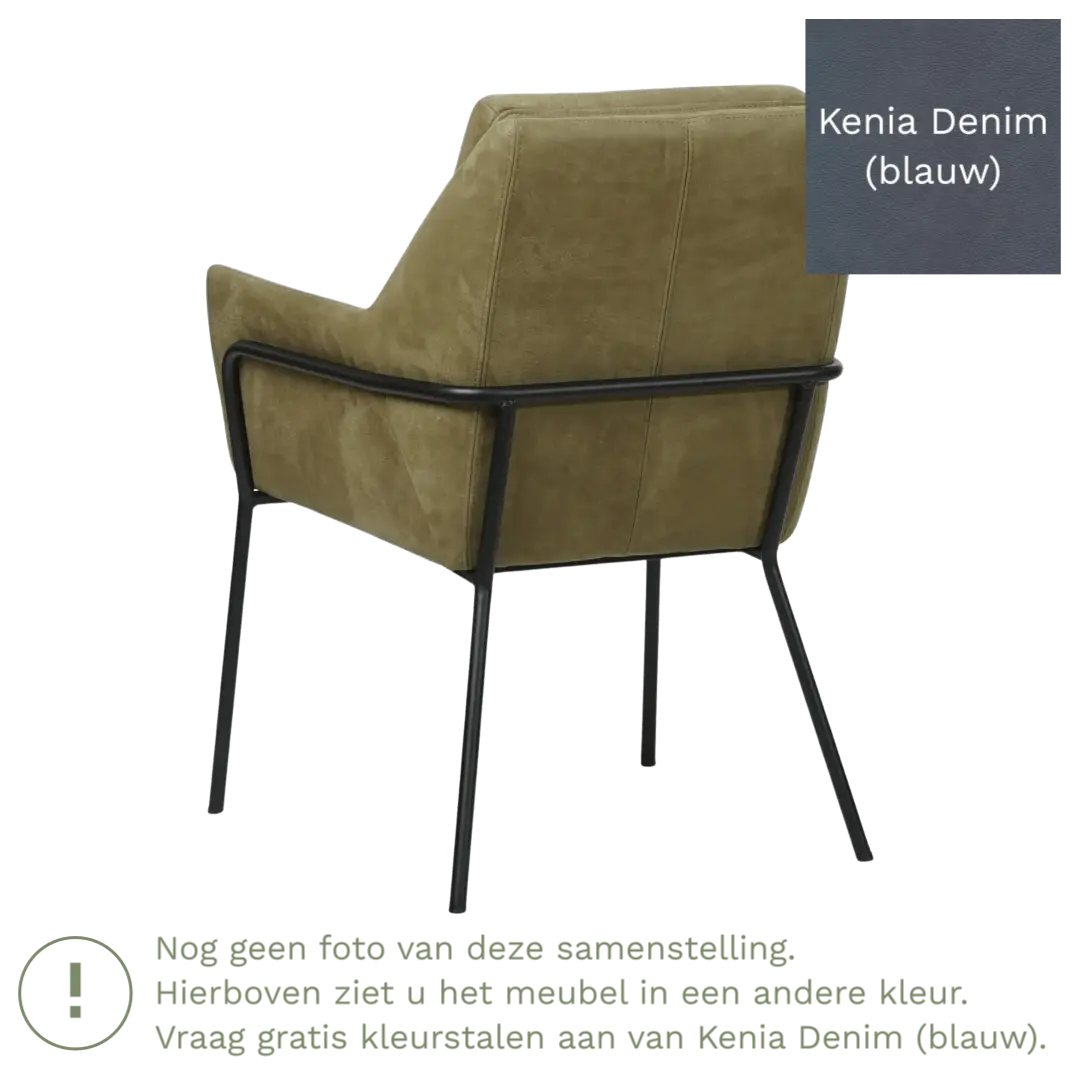 afbeelding van Leren eetkamerstoel Mix - Kenia Denim (blauw) - Poten staal rond zwart