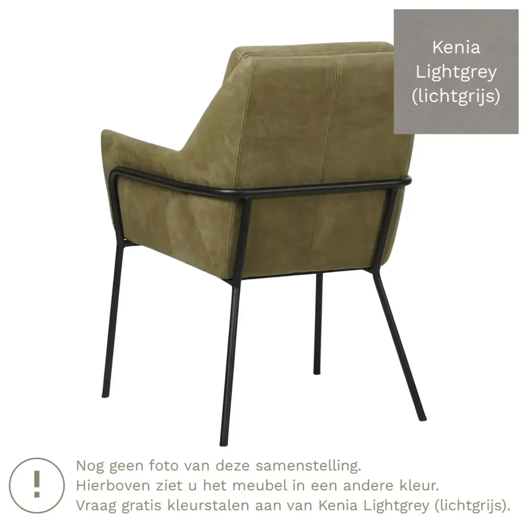 afbeelding van Leren eetkamerstoel Mix - Kenia Lightgrey (lichtgrijs) - Poten staal rond zwart