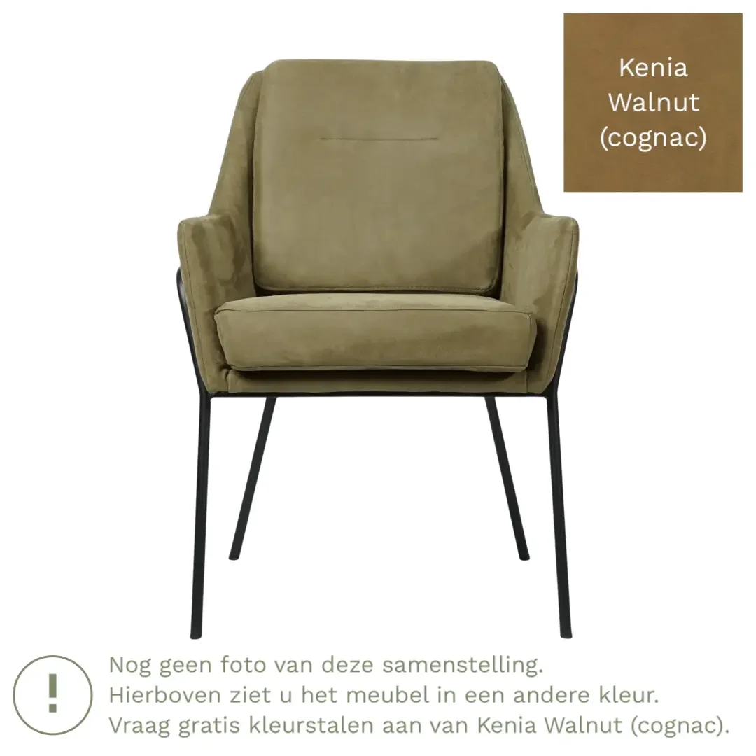 afbeelding van Leren eetkamerstoel Mix - Kenia Walnut (cognac) - Poten staal rond zwart