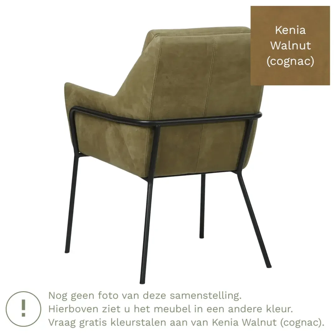 afbeelding van Leren eetkamerstoel Mix - Kenia Walnut (cognac) - Poten staal rond zwart