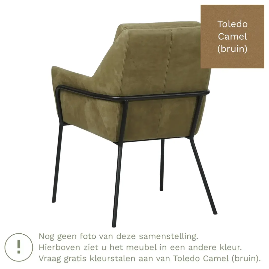 afbeelding van Leren eetkamerstoel Mix - Toledo Camel (bruin) - Poten staal rond zwart