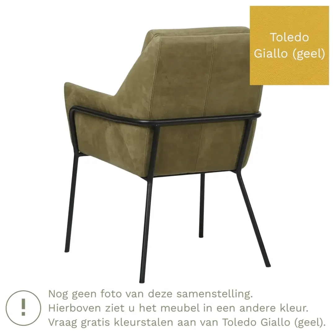 afbeelding van Leren eetkamerstoel Mix - Toledo Giallo (geel) - Poten staal rond zwart