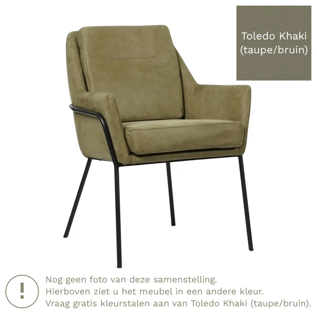 afbeelding van Leren eetkamerstoel Mix - Toledo Khaki (taupe/bruin) - Poten staal rond zwart