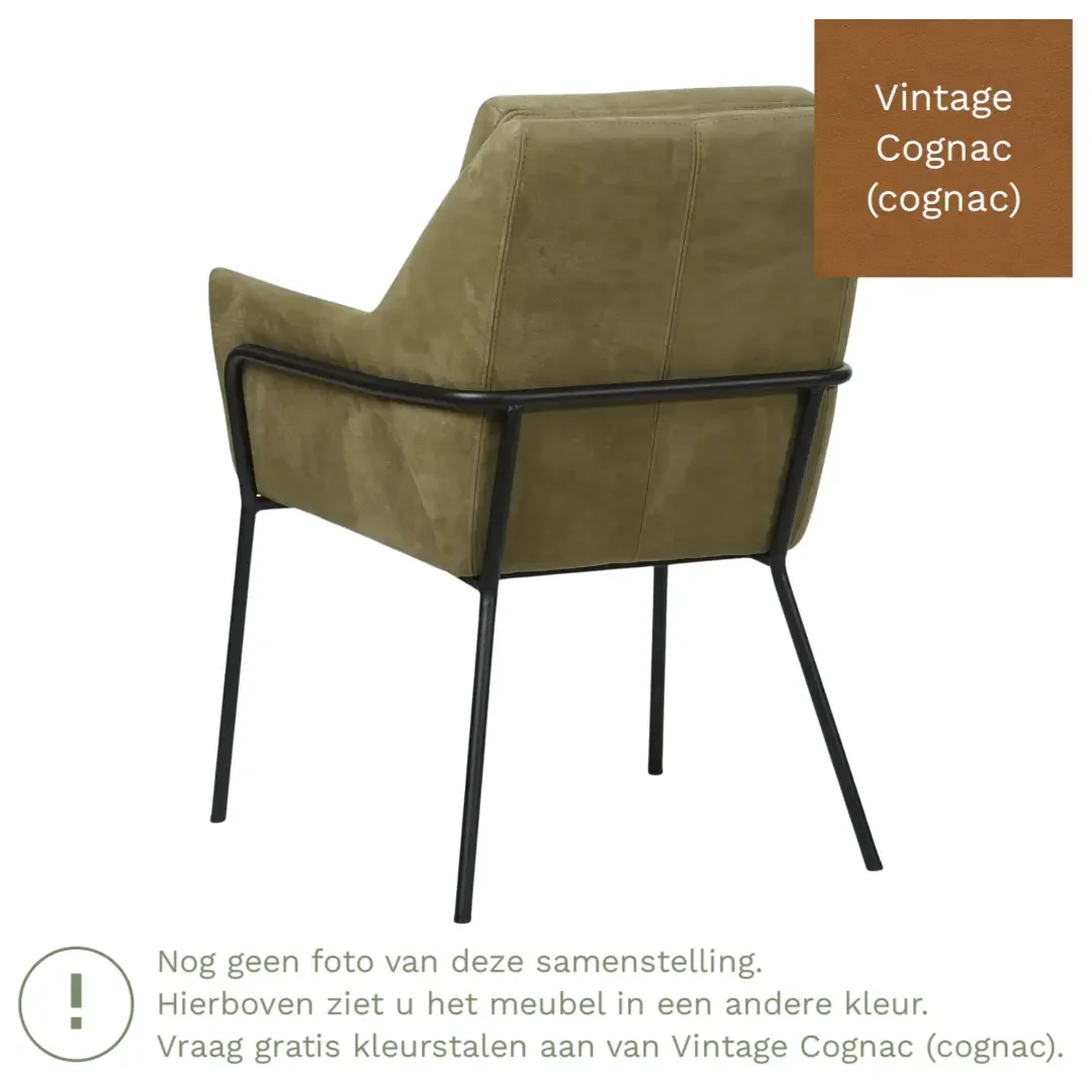 afbeelding van Leren eetkamerstoel Mix - Vintage Cognac (cognac) - Poten staal rond zwart