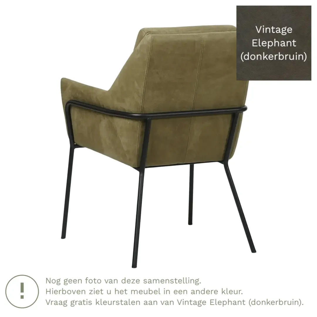 afbeelding van Leren eetkamerstoel Mix - Vintage Elephant (donkerbruin) - Poten staal rond zwart
