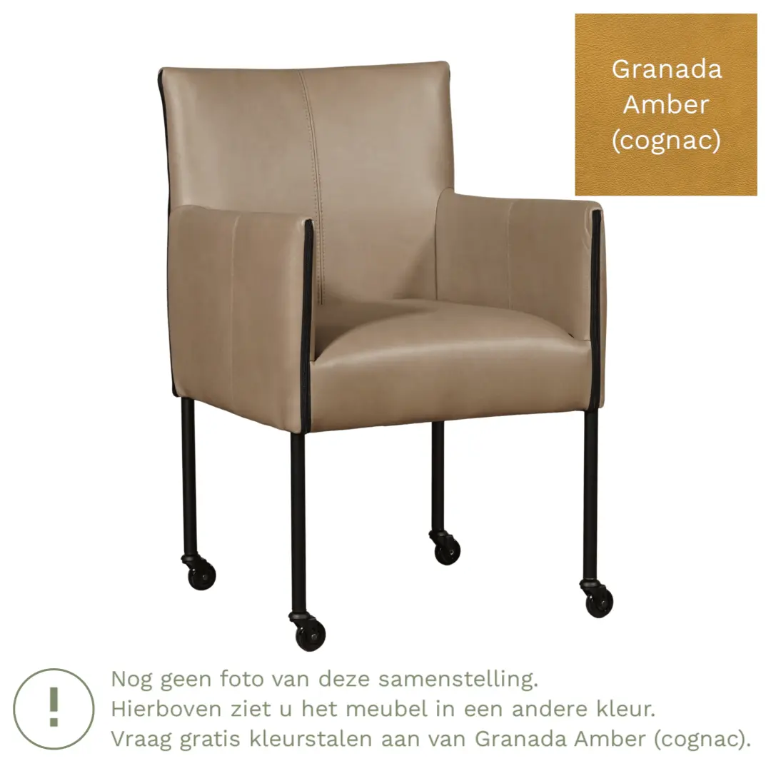 afbeelding van Leren eetkamerstoel More - Granada Amber (cognac) - Poten staal rond RVS