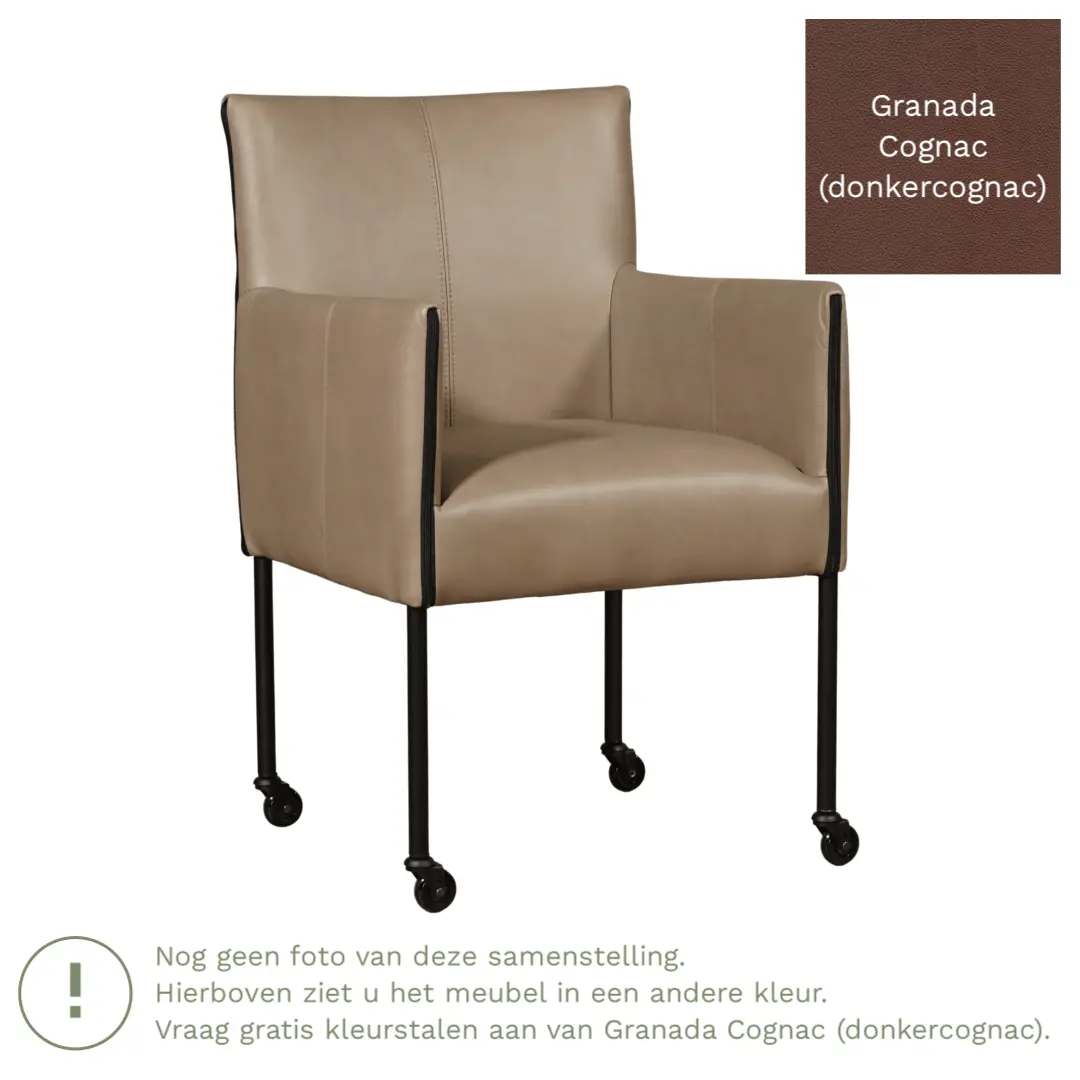 afbeelding van Leren eetkamerstoel More - Granada Cognac (donkercognac) - Poten staal rond zwart