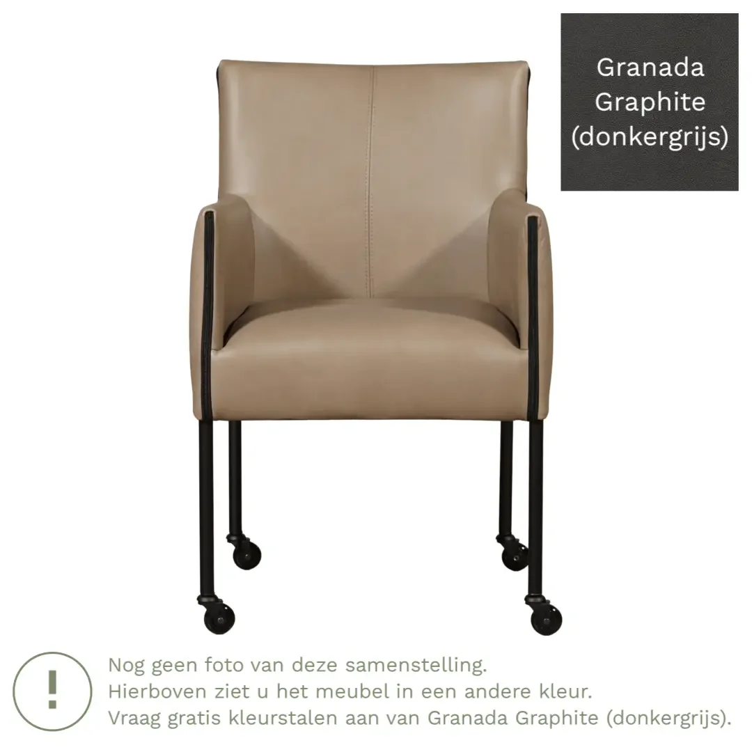 afbeelding van Leren eetkamerstoel More - Granada Graphite (donkergrijs) - Poten staal rond zwart
