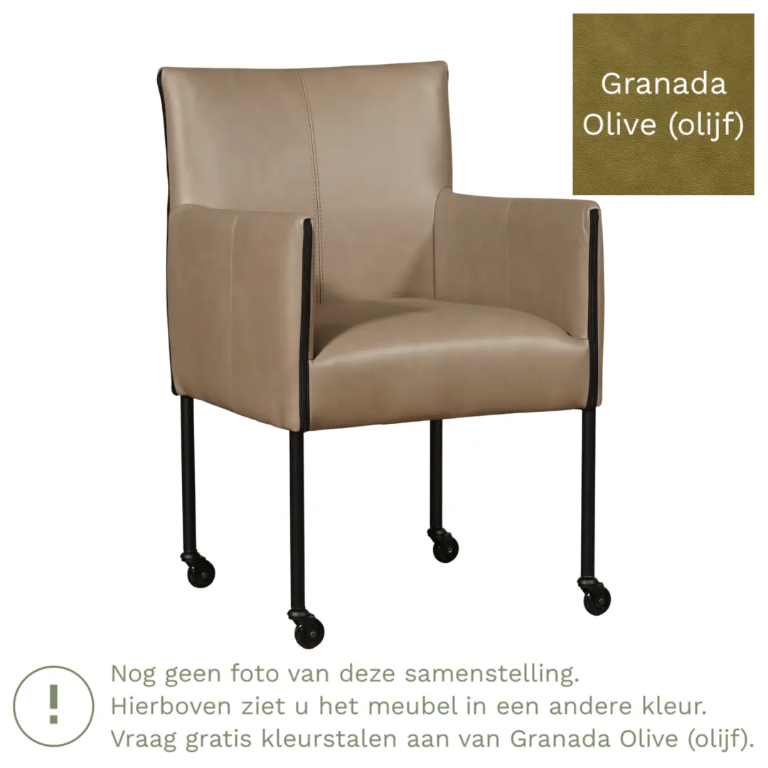 afbeelding van Leren eetkamerstoel More - Granada Olive (olijf) - Poten staal rond zwart