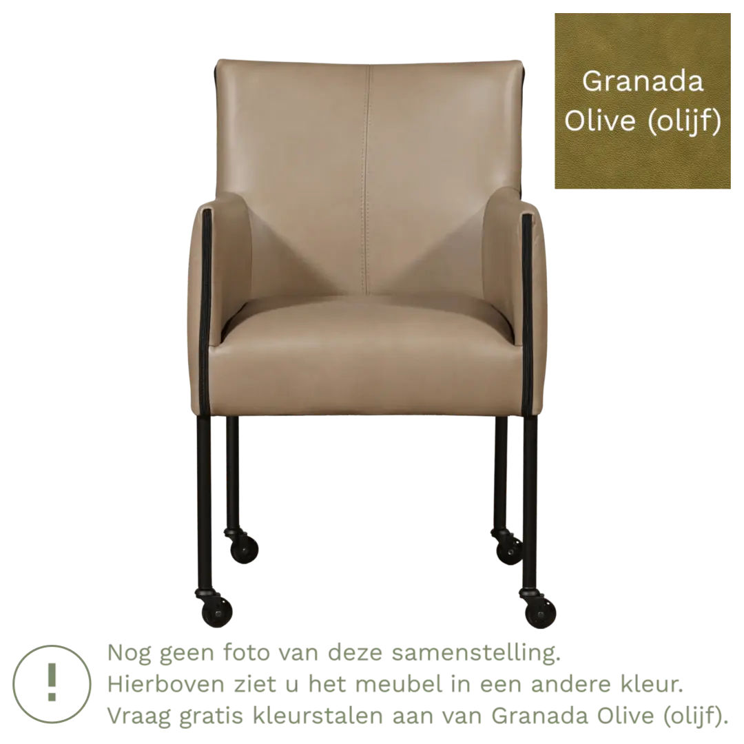 afbeelding van Leren eetkamerstoel More - Granada Olive (olijf) - Poten staal rond zwart