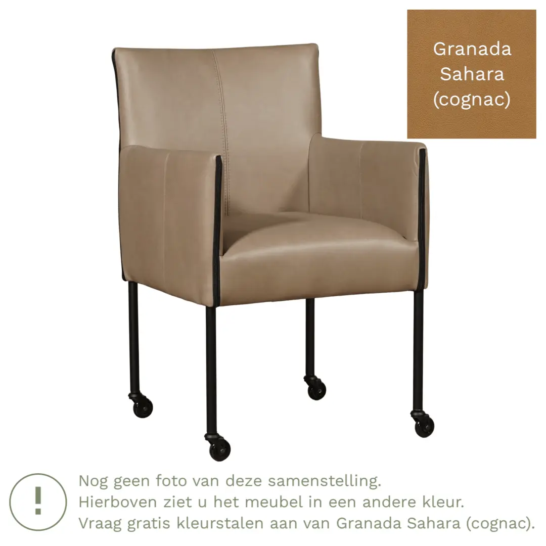 afbeelding van Leren eetkamerstoel More - Granada Sahara (cognac) - Poten staal rond RVS