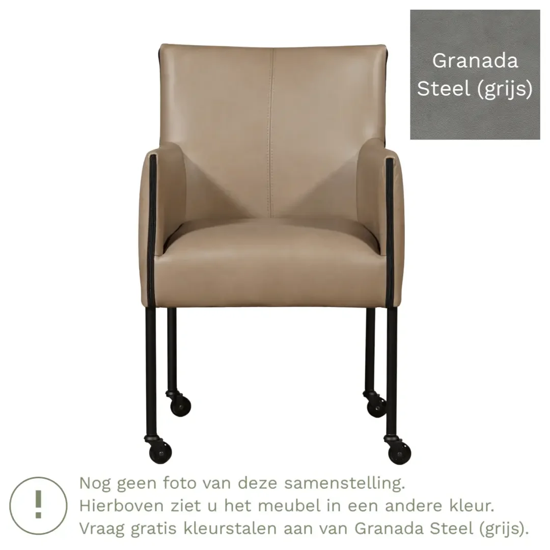 afbeelding van Leren eetkamerstoel More - Granada Steel (grijs) - Poten staal rond RVS