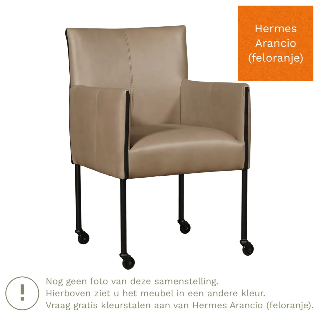 afbeelding van Leren eetkamerstoel More - Hermes Arancio (feloranje) - Poten staal rond zwart