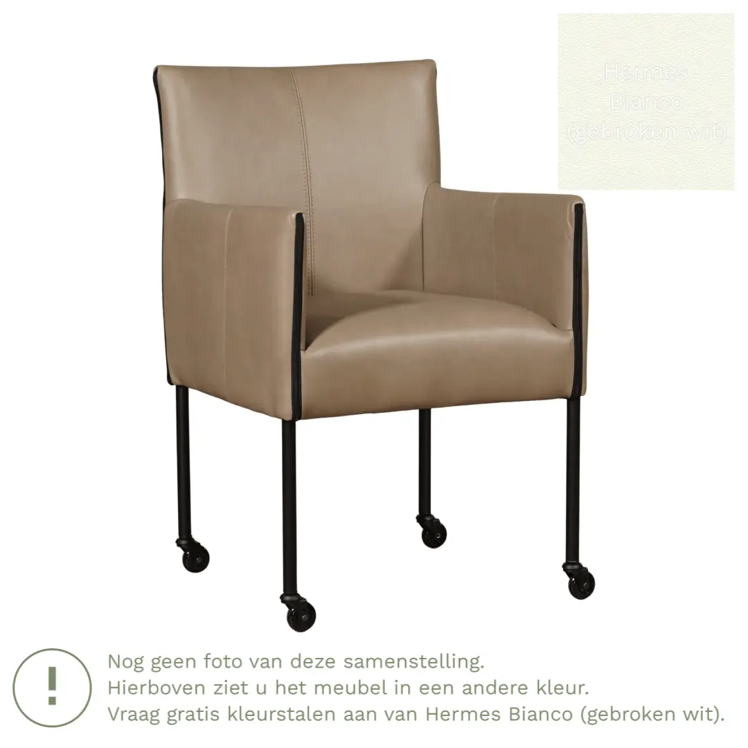 afbeelding van Leren eetkamerstoel More - Hermes Bianco (gebroken wit) - Poten staal rond RVS