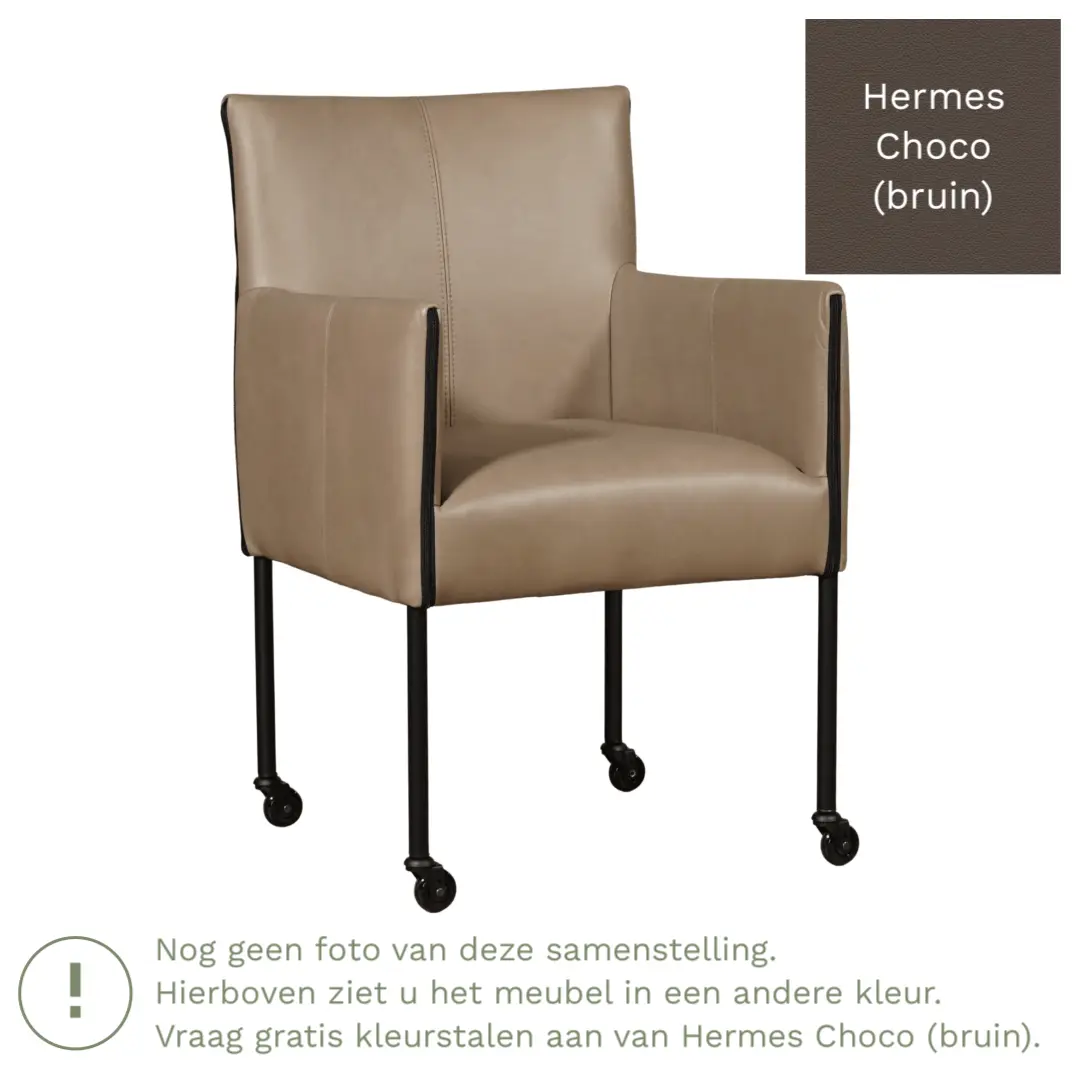 afbeelding van Leren eetkamerstoel More - Hermes Choco (bruin) - Poten staal rond RVS