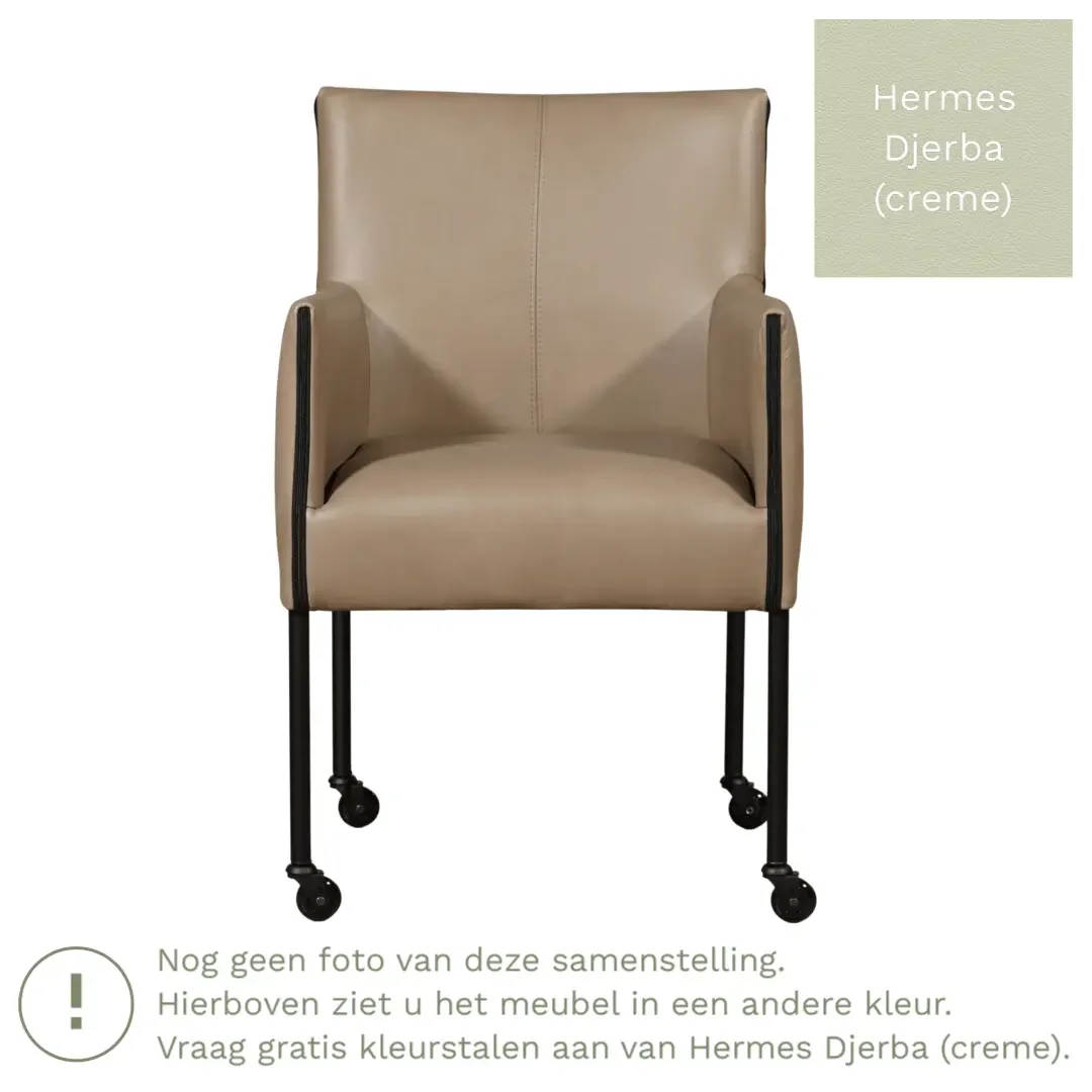 afbeelding van Leren eetkamerstoel More - Hermes Djerba (crème) - Poten staal rond zwart