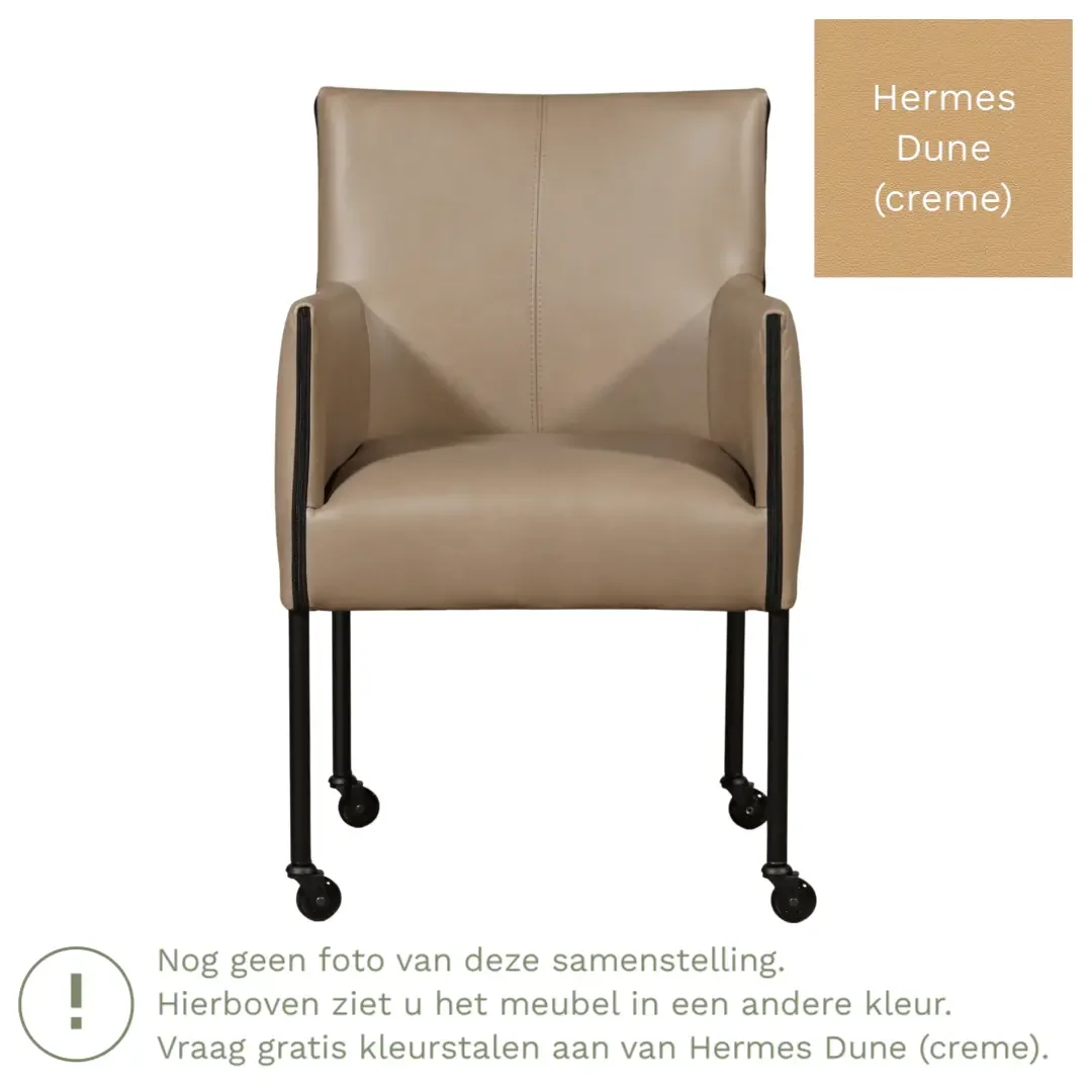 afbeelding van Leren eetkamerstoel More - Hermes Dune (crème) - Poten staal rond RVS