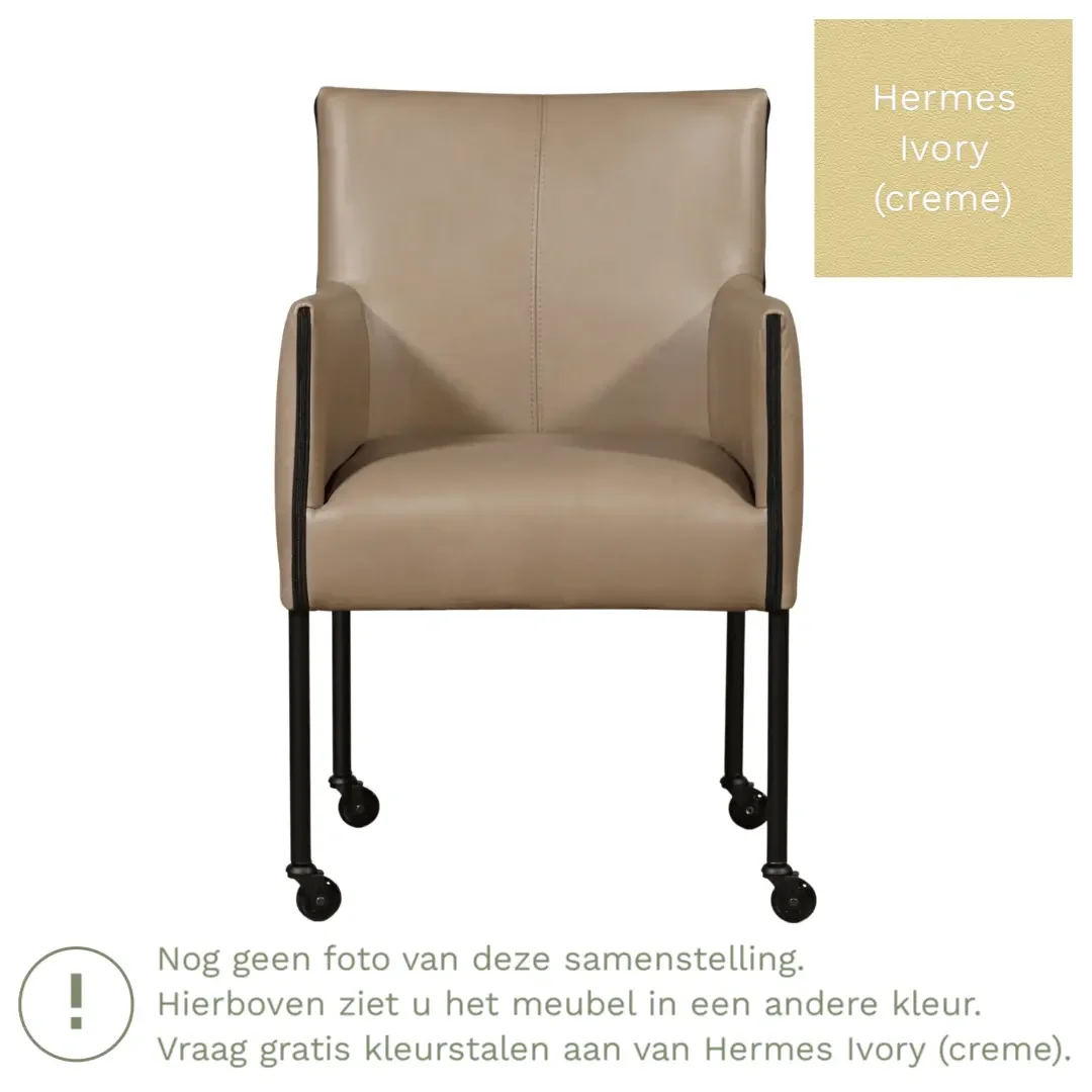 afbeelding van Leren eetkamerstoel More - Hermes Ivory (crème) - Poten staal rond RVS