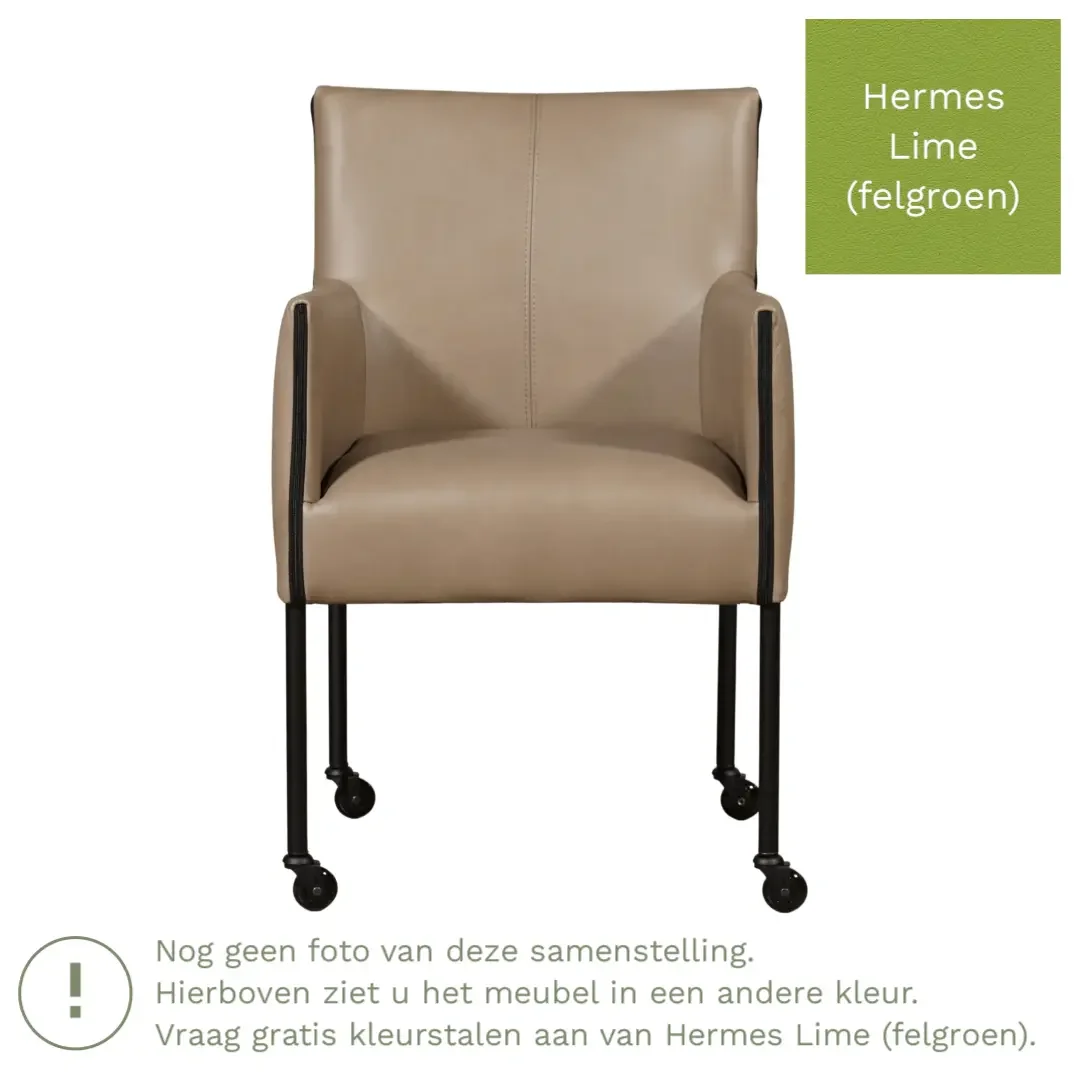 afbeelding van Leren eetkamerstoel More - Hermes Lime (felgroen) - Poten staal rond RVS