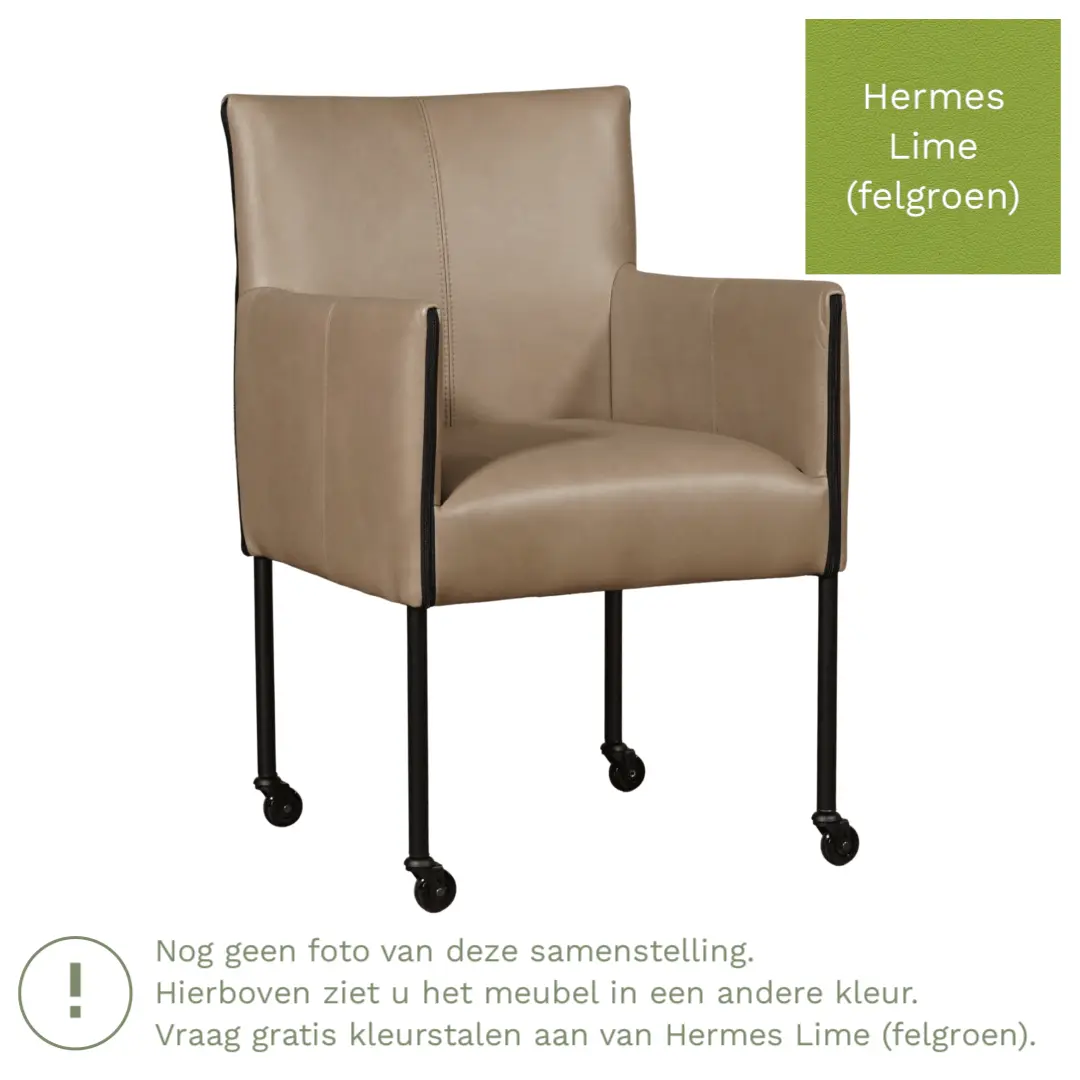 afbeelding van Leren eetkamerstoel More - Hermes Lime (felgroen) - Poten staal rond zwart