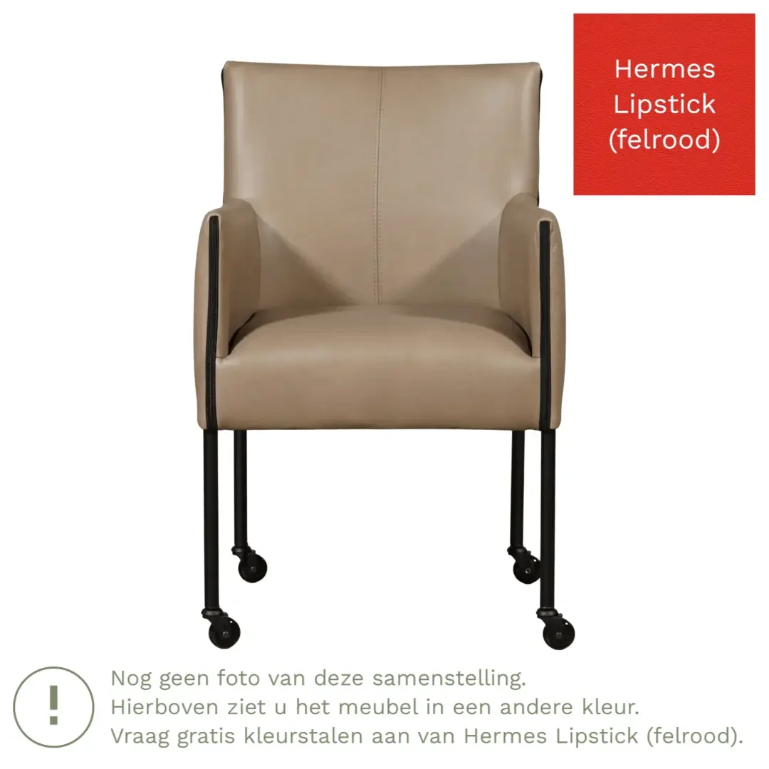afbeelding van Leren eetkamerstoel More - Hermes Lipstick (felrood) - Poten staal rond RVS