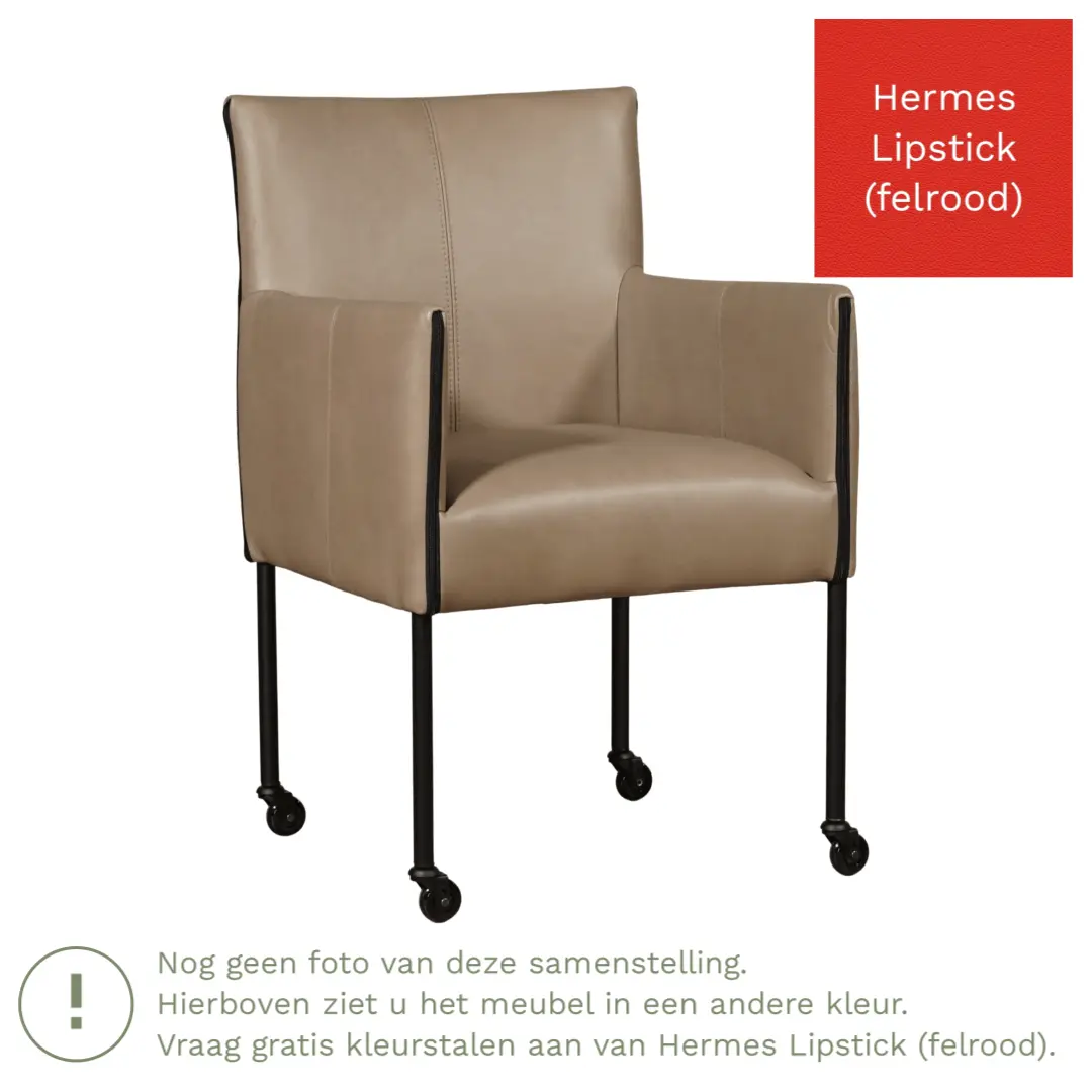 afbeelding van Leren eetkamerstoel More - Hermes Lipstick (felrood) - Poten staal rond zwart