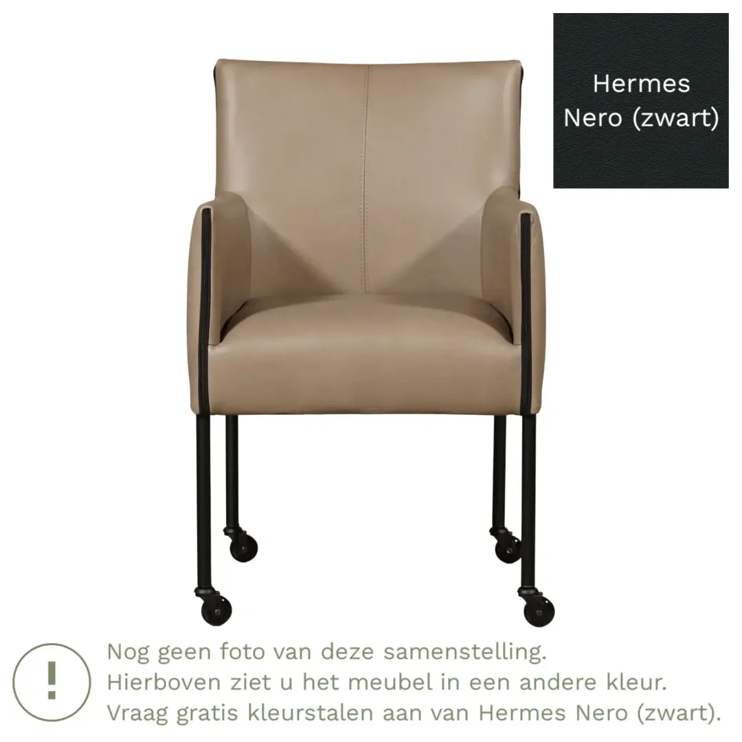afbeelding van Leren eetkamerstoel More - Hermes Nero (zwart) - Poten staal rond RVS