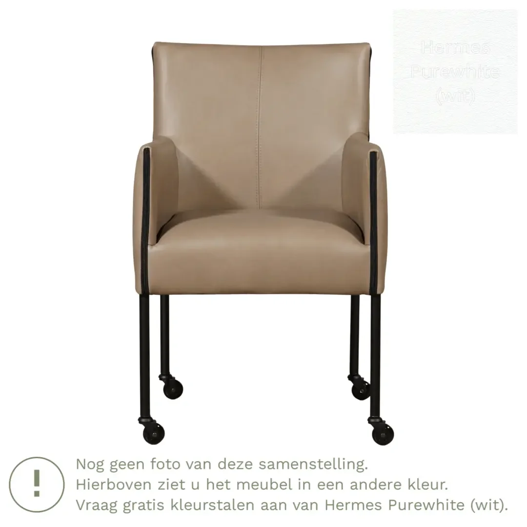 afbeelding van Leren eetkamerstoel More - Hermes Purewhite (wit) - Poten staal rond zwart