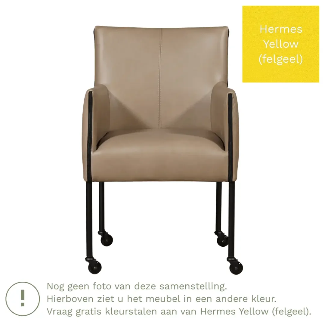 afbeelding van Leren eetkamerstoel More - Hermes Yellow (felgeel) - Poten staal rond RVS