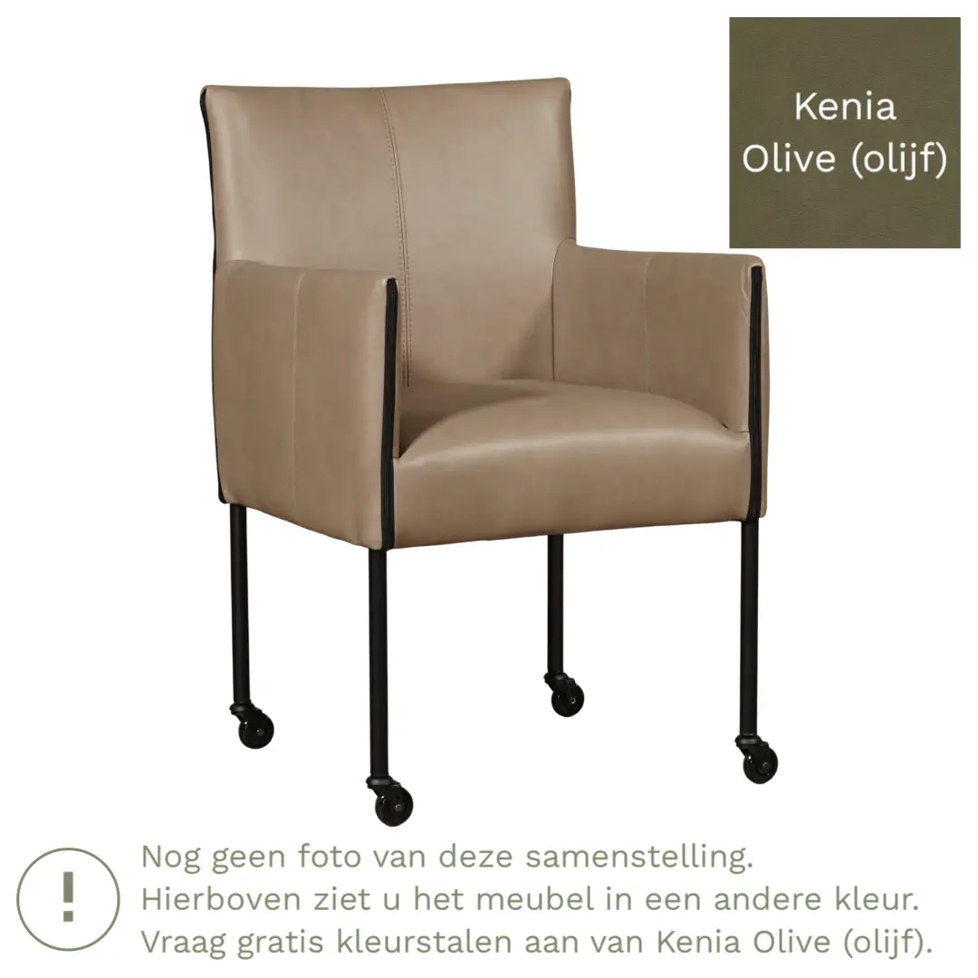 afbeelding van Leren eetkamerstoel More - Kenia Olive (olijf) - Poten staal rond RVS