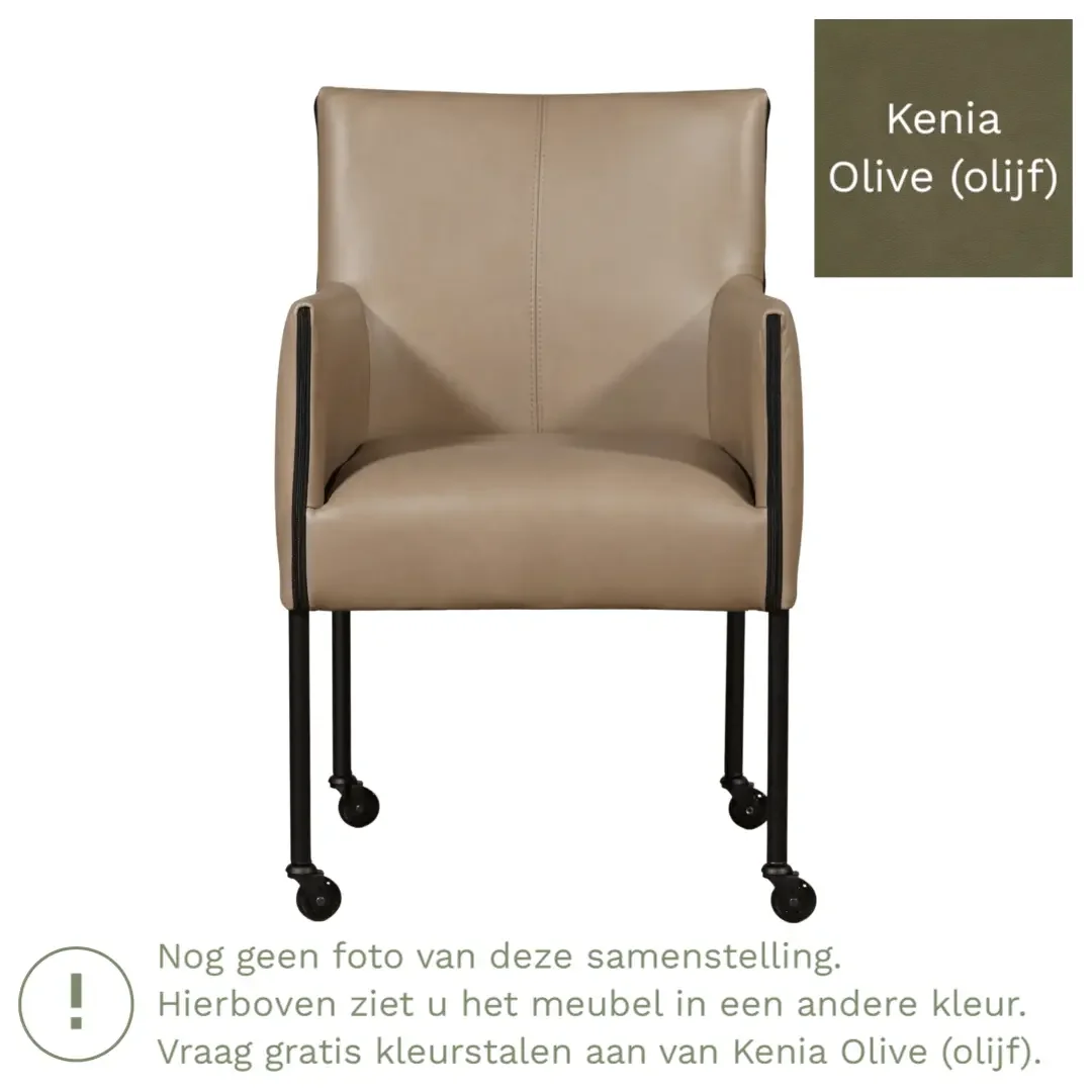 afbeelding van Leren eetkamerstoel More - Kenia Olive (olijf) - Poten staal rond RVS