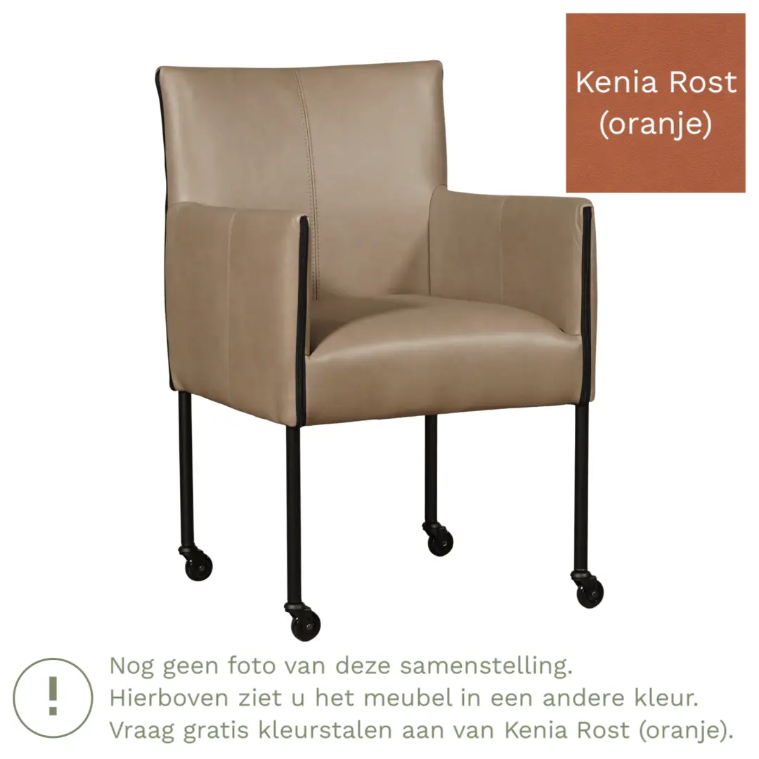 afbeelding van Leren eetkamerstoel More - Kenia Rost (oranje) - Poten staal rond RVS