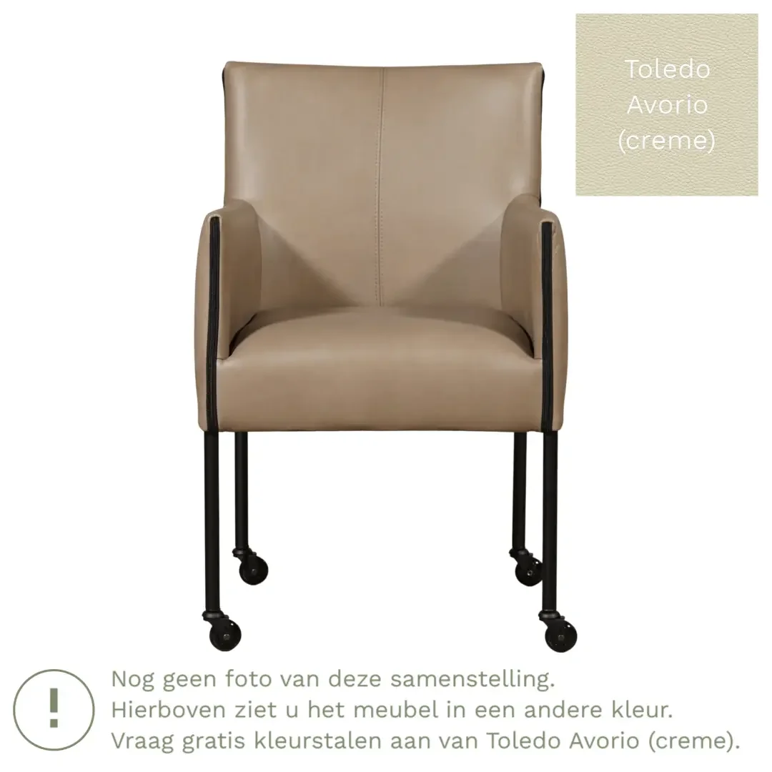 afbeelding van Leren eetkamerstoel More - Toledo Avorio (crème) - Poten staal rond zwart