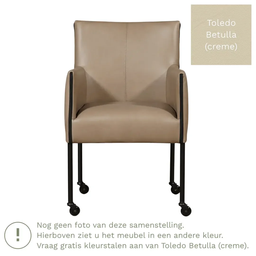 afbeelding van Leren eetkamerstoel More - Toledo Betulla (crème) - Poten staal rond zwart