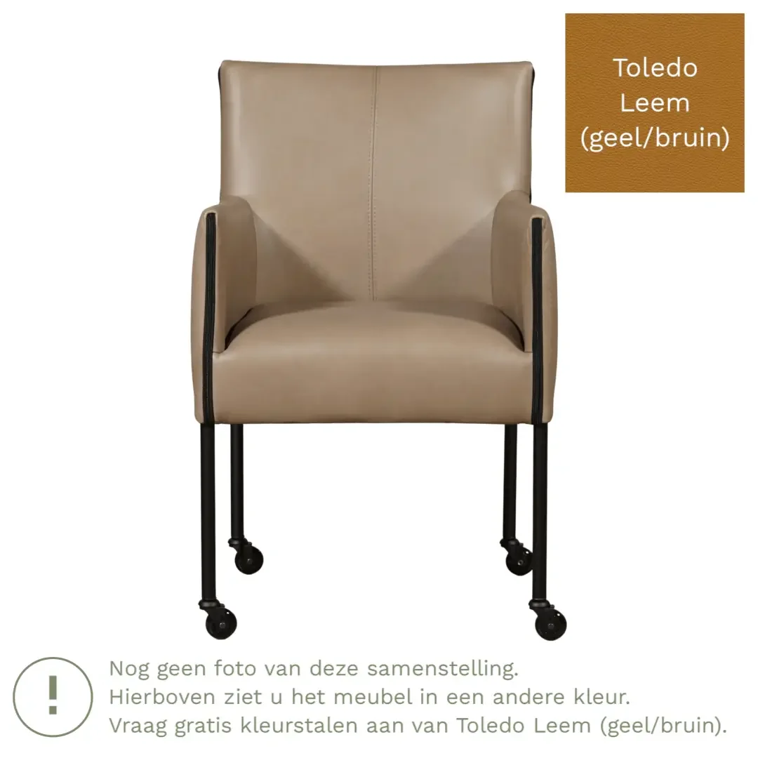 afbeelding van Leren eetkamerstoel More - Toledo Leem (geel/bruin) - Poten staal rond zwart