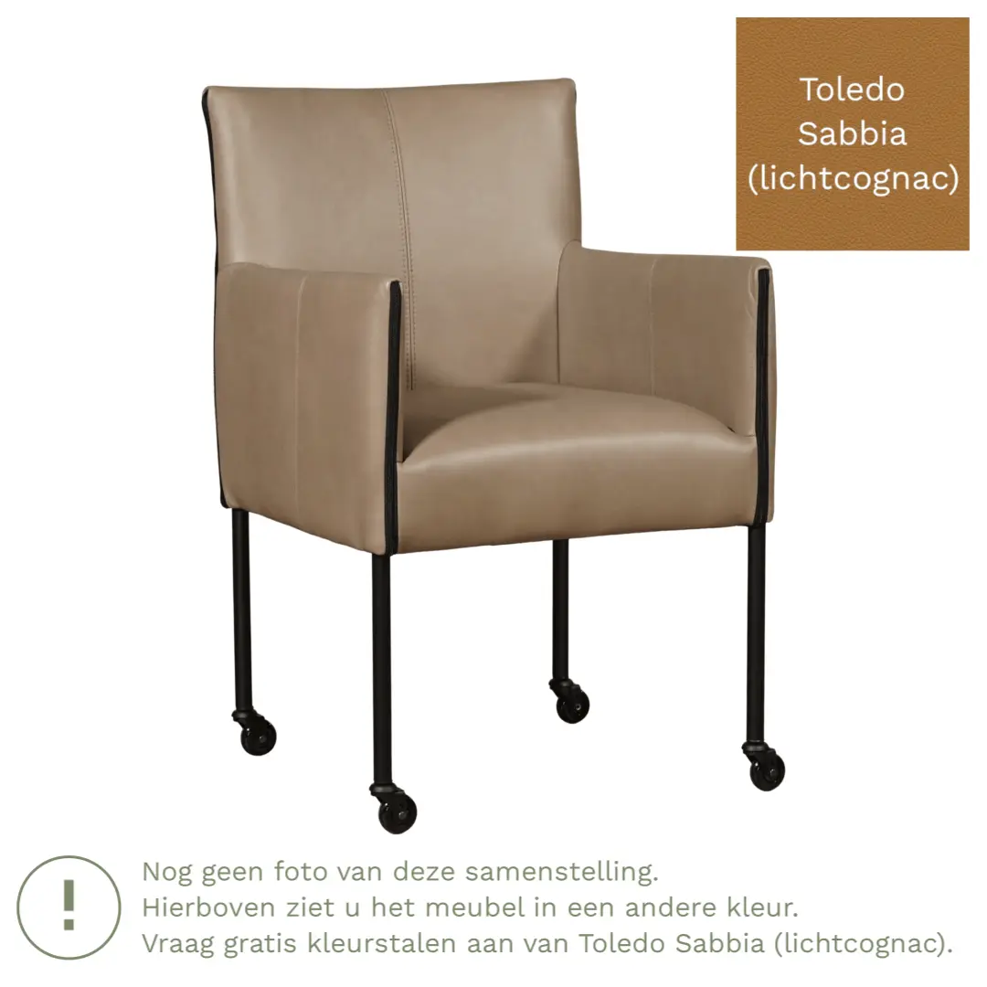afbeelding van Leren eetkamerstoel More - Toledo Sabbia (lichtcognac) - Poten staal rond RVS