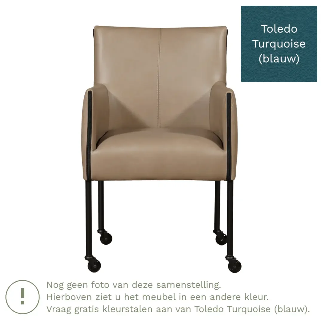 afbeelding van Leren eetkamerstoel More - Toledo Turquoise (blauw) - Poten staal rond RVS