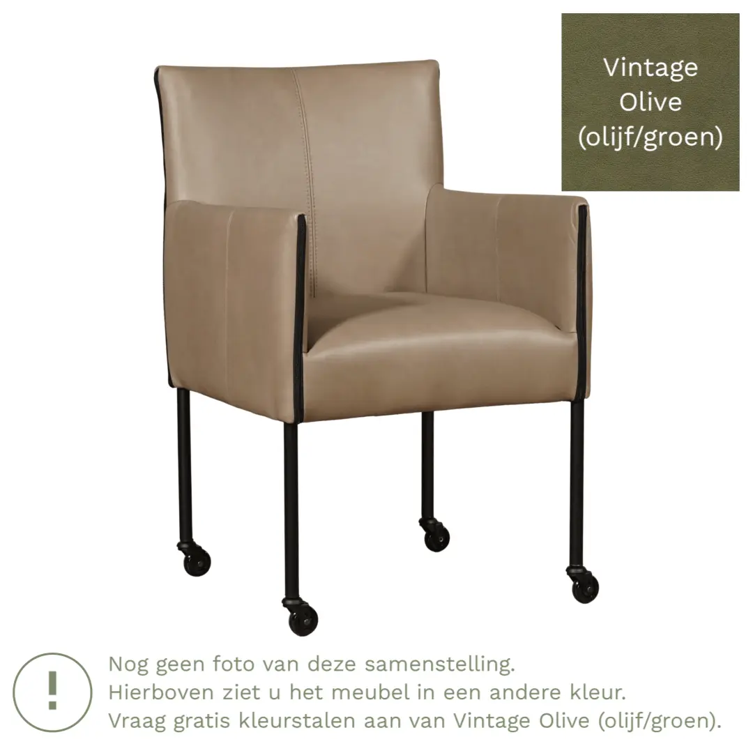 afbeelding van Leren eetkamerstoel More - Vintage Olive (olijf/groen) - Poten staal rond zwart