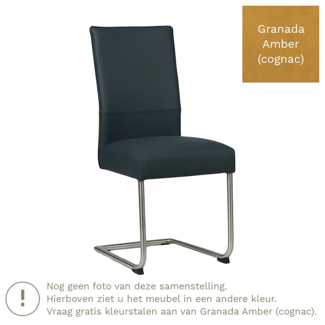 afbeelding van Leren eetkamerstoel Piece - Granada Amber (cognac) - Sledepoot staal rond RVS