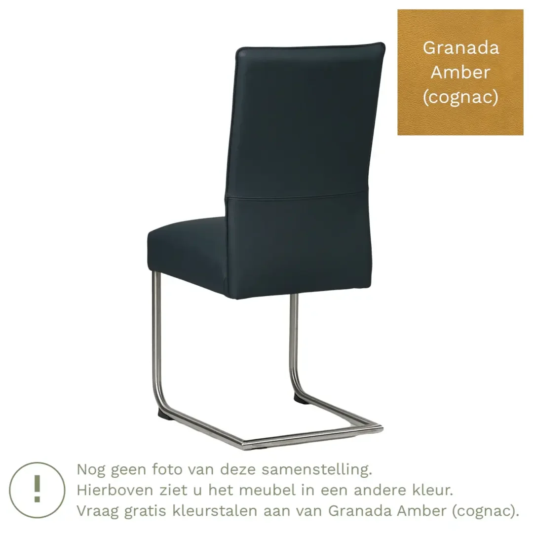 afbeelding van Leren eetkamerstoel Piece - Granada Amber (cognac) - Sledepoot staal rond RVS