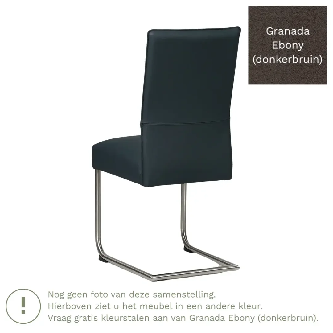afbeelding van Leren eetkamerstoel Piece - Granada Ebony (donkerbruin) - Sledepoot staal rond zwart