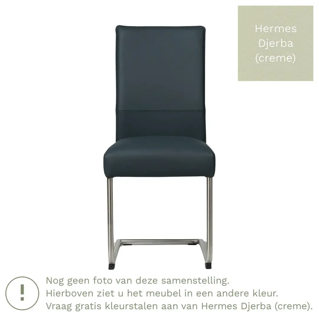 afbeelding van Leren eetkamerstoel Piece - Hermes Djerba (crème) - Sledepoot staal rond RVS