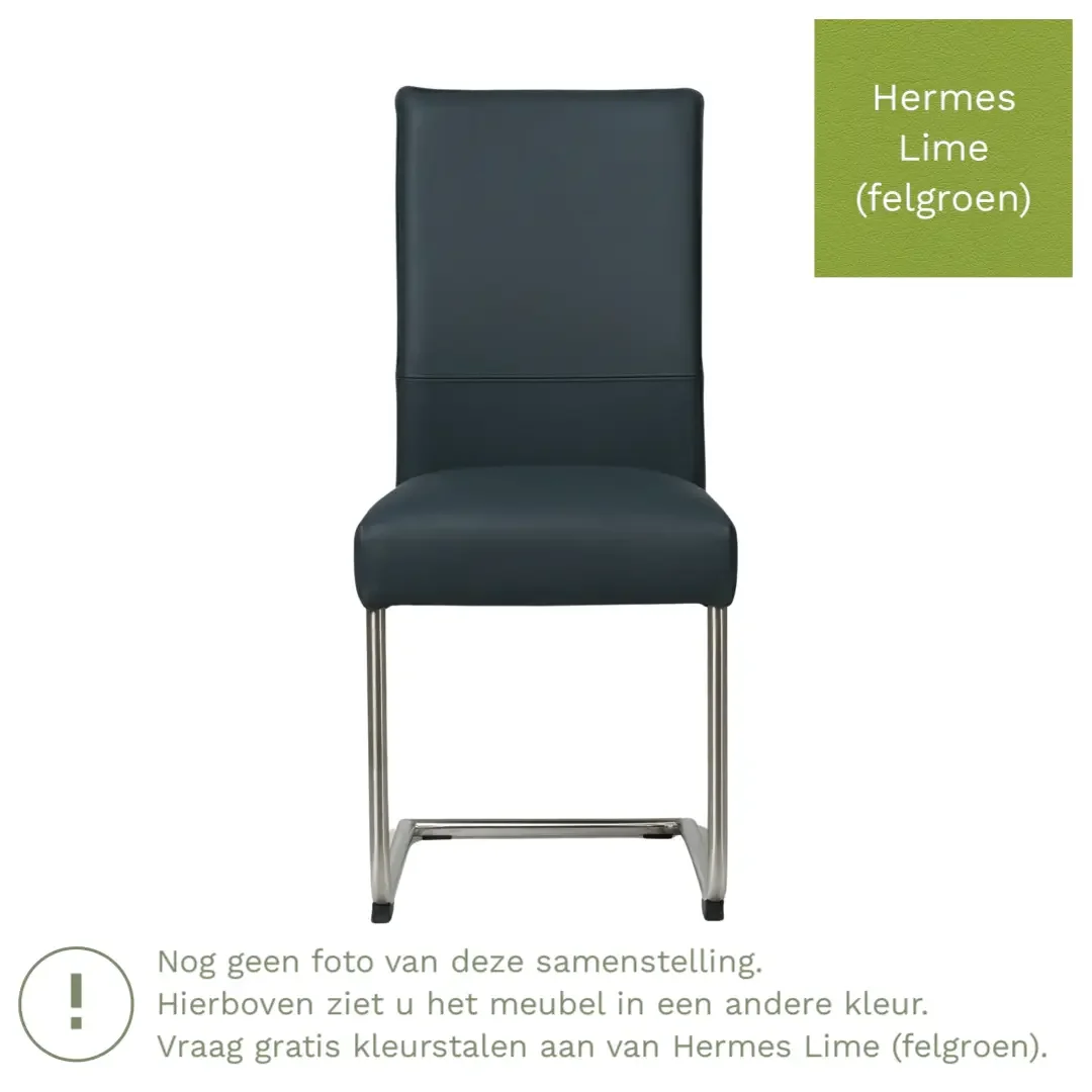 afbeelding van Leren eetkamerstoel Piece - Hermes Lime (felgroen) - Sledepoot staal rond RVS